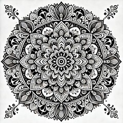 Intricate Black and White Floral Mandala Design | Symmetrical Mehndi-Inspired Art | Detailed Geometric Patterns for Coloring Books and Tattoos