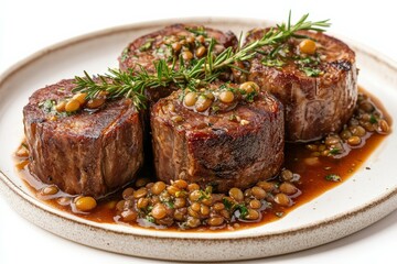 Delicious Grilled Beef Medallions with Lentils and Rosemary