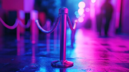Queuing scene with stanchion urban street night neon lights close-up