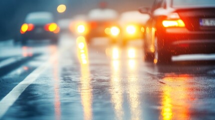 Fototapeta premium Gloomy City Rush Hour with Headlights on Wet Pavement