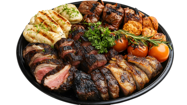 Grilled Meat Platter with Succulent Steaks, Tomatoes, and Garlic Bread – Delicious Barbecue Feast