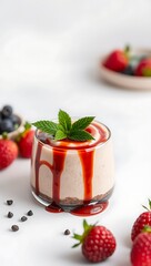Vegan chocolate mousse with mint, bar of chocolate and cocoa beans