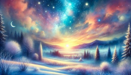 Fototapeta premium A Fantastical Winter Sunset with a Starry Sky and Dreamy Pastel Glow
