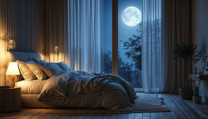 Moonlight Serenity: A tranquil bedroom bathed in the soft glow of a full moon, inviting relaxation and peaceful slumber.  