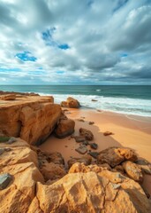  Beautiful atlantic ocean view horizon with sandy beach rocks and waves algarve portugal beach wallpaper summer wallpaper beach background tropical nature
