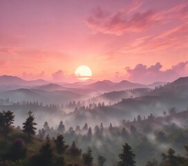 Obraz premium Hazy sunset with wispy smoke in shades of pink and green, pink, hazy