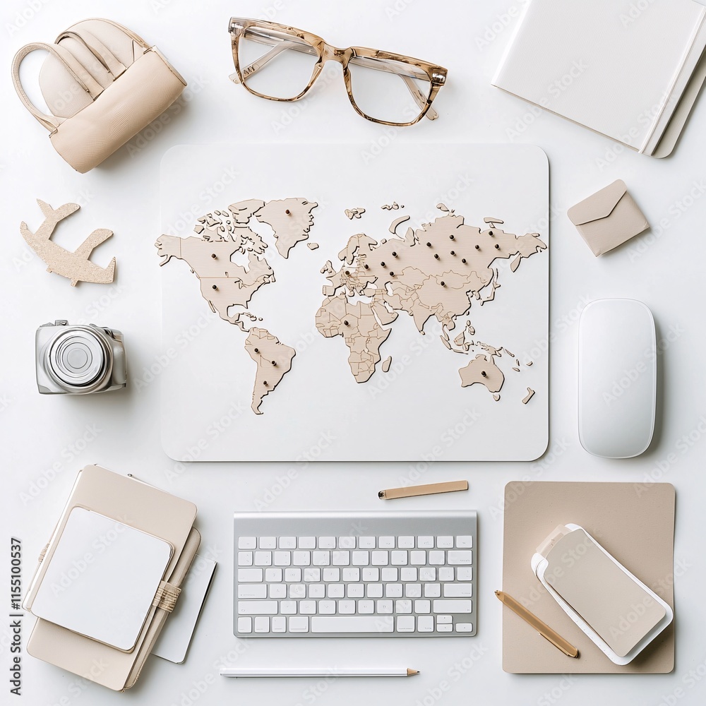 Poster a minimalist world map with pushpins marking bucket list destinations on a desk surrounded by travel