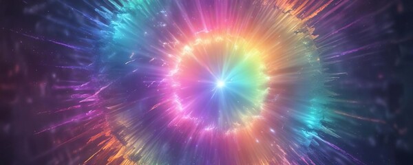 Fototapeta premium Iridescent powdery texture radiating from the center in shimmering rainbow light, light radiance, textured surface, iridescent powder