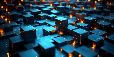 Fototapeta premium Abstract digital data cubes glowing in blue and orange.