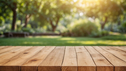 Wooden table in a serene garden setting during golden hour lighting