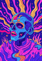 A colorful skull with a blue face and purple hair. The skull is surrounded by flames and stars. Scene is dark and mysterious