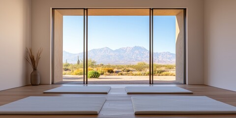 Fototapeta premium Mindful living and wellness spirituality concept. Spacious meditation room with a view of mountains and a serene landscape.