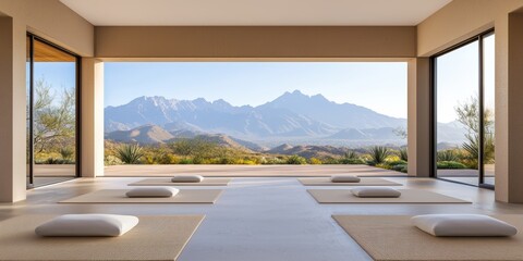 Fototapeta premium Mindful living and wellness spirituality concept. Serene indoor meditation space with mountain views and minimalist design.