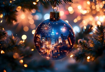 Hanging Christmas ball with Times Square reflection on dark bokeh background. Winter holidays and festive decor concept. For Christmas, New Year's Eve. Double exposure product shot for poster, card