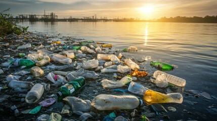 Plastic Waste Crisis in Industrial Harbor at Sunset