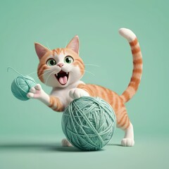 3D Cartoon Orange Cat Playing with Yarn Ball on Mint Green Background