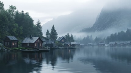 Fototapeta premium A serene Nordic fishing village with charming cabins and still waters, framed by misty fjords and soft morning light.