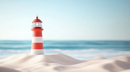 A three-dimensional lighthouse standing on a stretch of white sand gives a sturdy and majestic impression, with a simple background of the front view.