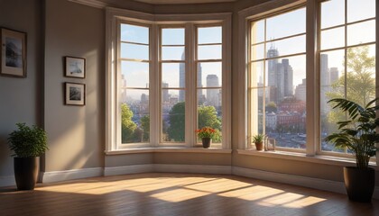 Morning sunlight streaming through a bay window with a city view, morning sun, , glass facade