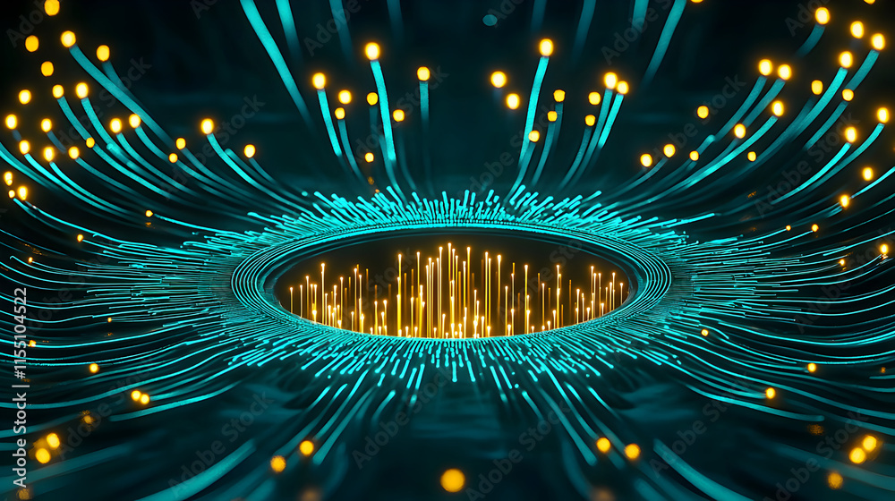 Poster abstract visualization of light waves and data flow in dark space