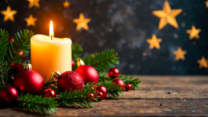 Christmas decorative background with burning wax candle, Christmas balls, fir leaves on wooden surface and star shaped snowflakes on blurred background, space for text