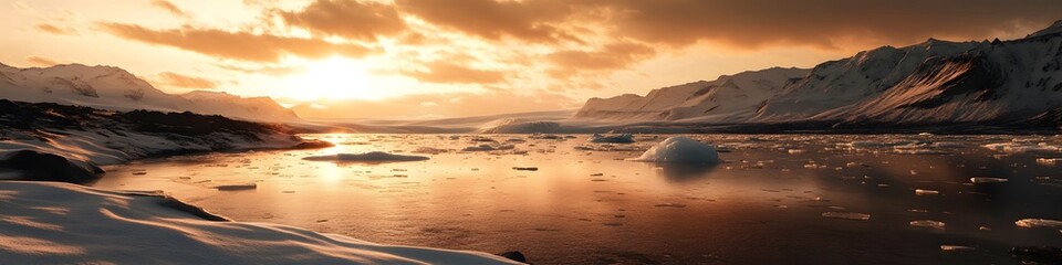 Obraz premium A panoramic view of Jokulsarlon Glacier Lagoon with icebergs floating serenely. set against a backdrop of snow-covered mountains under a golden sunset. in 4K resolution