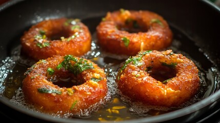 Medu vada is deep-fried in a pan. A popular street meal in India, Medu Vada is a savory snack from South India.