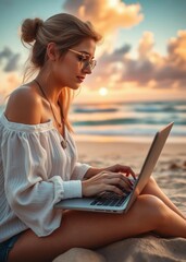  Closeup of a woman working and typing on laptop computer on the beach beach wallpaper summer wallpaper beach background tropical nature