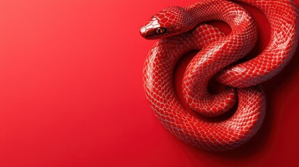 Fototapeta premium A striking red snake illustration coiled on a vibrant red background, with ample copy space for Chinese New Year messages.