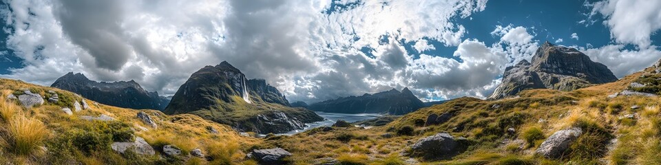 A wide-angle shot of cascading waterfalls streaming down the rugged cliffs of Milford Sound under a dramatic cloudy sky. in 4K resolution