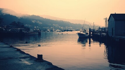 Fototapeta premium Serene Sunset Harbor Boats Docked Peaceful Mountains