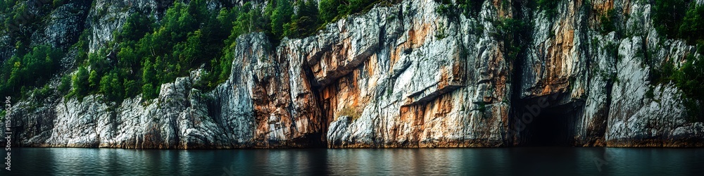 Poster panoramic shot of the fjords rugged cliffs glowing under soft golden light. with lush greenery cling