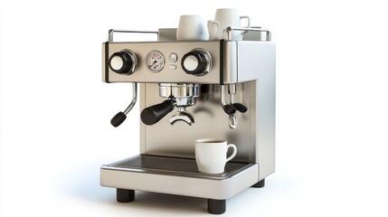 A stylish coffee machine with chrome accents and a cup ready to be filled, isolated on white, offering space for marketing campaigns or product descriptions.
