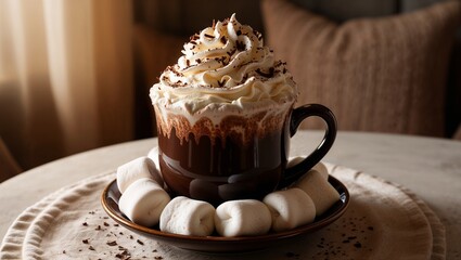 Hot chocolate with whipped cream and marshmallows in cozy setting