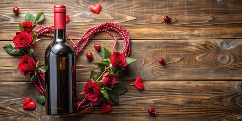 Elegant wine bottle adorned with heart-shaped garlands and red roses , wine accessories for Valentine's Day, love wine decorations