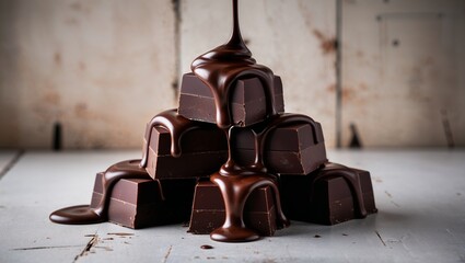 Stack of dark chocolate squares with melted drizzle on wooden background