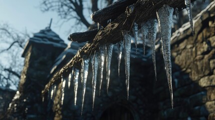 Naklejka premium Icicles hanging from a weathered wooden branch