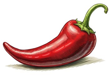Engraved red chili pepper, rule of thirds composition, vintage style.