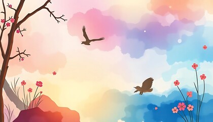 Serene Watercolor Landscape With Birds And Blossoms