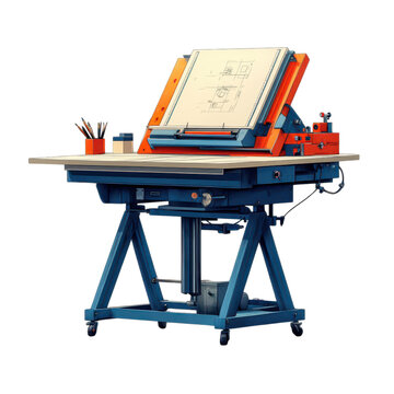 Engineering drafting table illustration, minimal design, clean lines, white background, ideal for design projects or educational materials
