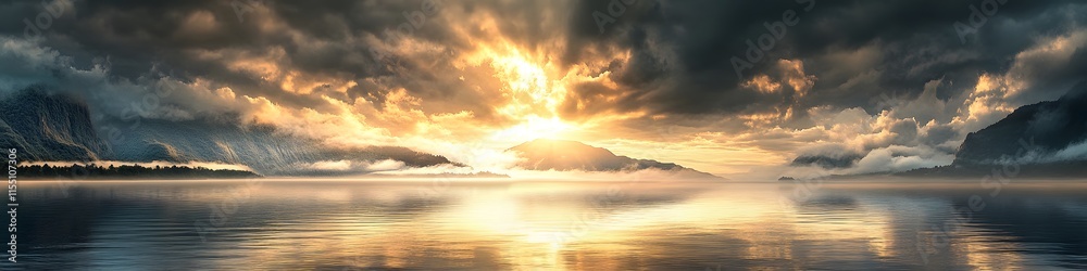 Aufkleber a panoramic view of milford sound framed by dramatic clouds and soft golden light reflecting on the 