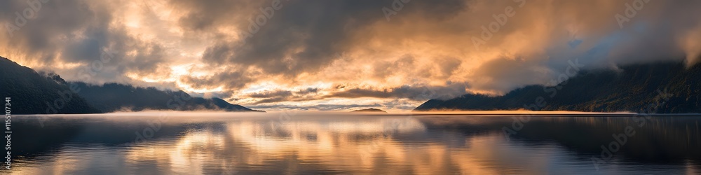 Aufkleber a panoramic view of milford sound framed by dramatic clouds and soft golden light reflecting on the 