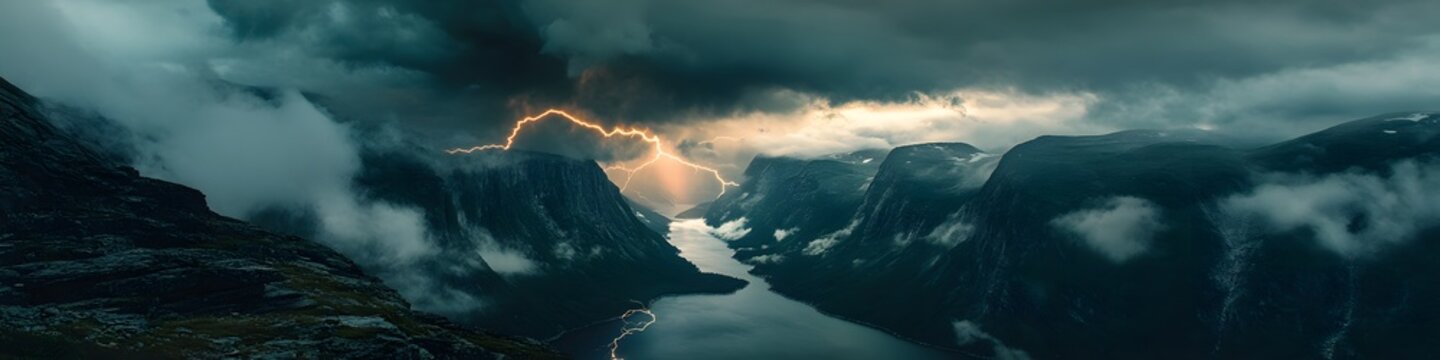 Aerial shot of a dramatic storm rolling over Trolltunga. with dark clouds and vibrant lightning illuminating the landscape. in 4K resolution