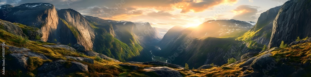 Poster panoramic view of the rugged terrain leading to trolltunga. with vibrant green moss glowing under so