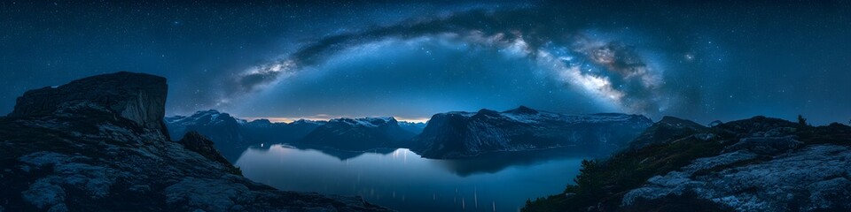 Panoramic view of Trolltunga during a clear starry night. with the Milky Way stretching across the sky. in 4K resolution