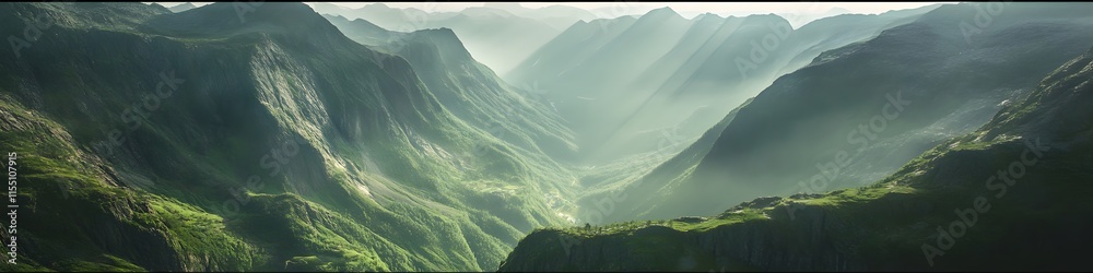 Poster panoramic view of the lush green mountains surrounding trolltunga. glowing under soft light during e
