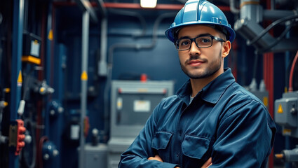 Electric Engineer Portrait Wearing Safety Helmet and Blue Safety Clothes