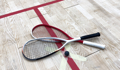 Empty squash court and rackets on the wooden floor. 