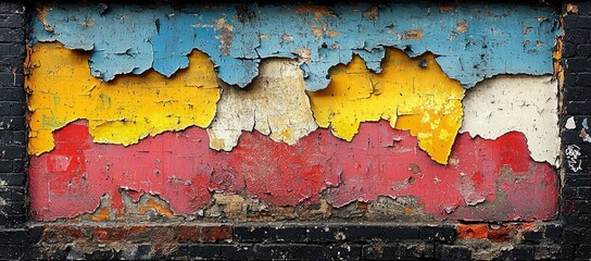 A weathered wall with peeling paint in vibrant colors of blue, yellow, red, and white.