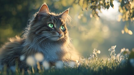 Fluffy cat with vibrant green eyes resting in a sunlit meadow.